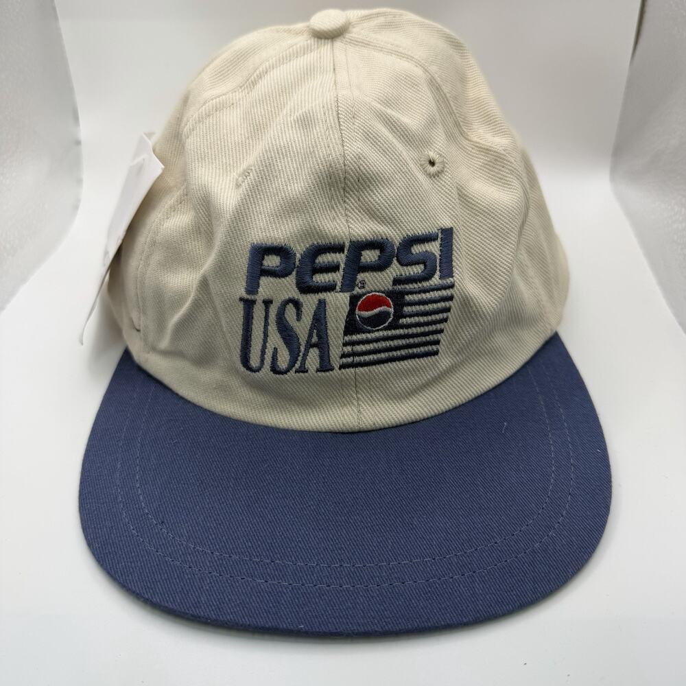 Vintage Pepsi USA Beige / Blue Embroidered Logo Adjustable Strapback Hat NWT